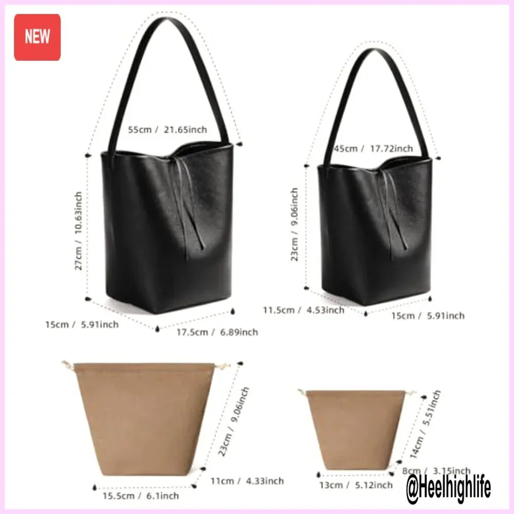 Genuine Leather Bucket Tote Bag with Credit Card Holder Wallet